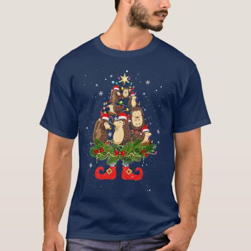 Hedgehogs Christmas Tree Lights Cute Santa Hat Lov T_Shirt