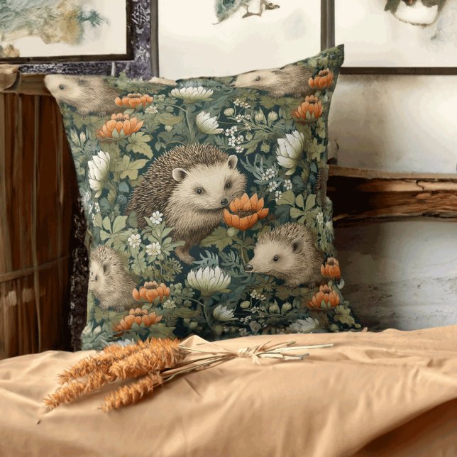 Hedgehogs in an Old English Garden Throw Pillow