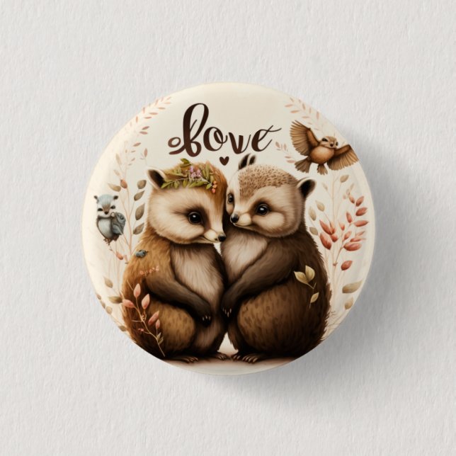  hedgehogs in love button (Front)