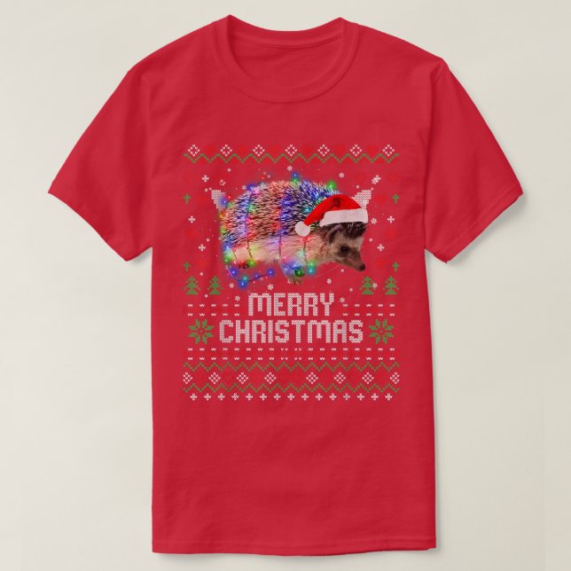 Hedgehogs Santa Hat Animal Christmas Tree Lights H T-Shirt (Design Front)