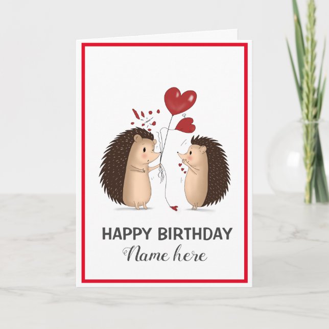 Hedgehogs with Heart Balloons Birthday Card (Front)