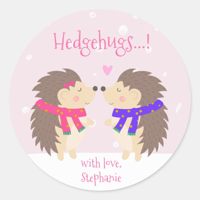 Hedgehugs! Cute Personalized Hedgehog Christmas Classic Round Sticker (Front)