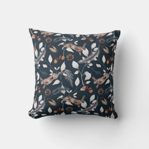 Hedgerow Vines Romping Rabbits  Throw Pillow