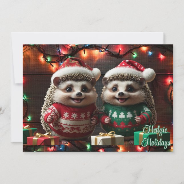 Hedgie Holidays Hedgehogs in Sweaters Personalized Holiday Card (Front)
