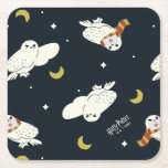 Hedwig Nighttime Moonlight Pattern Square Paper Coaster<br><div class="desc">Add a touch of whimsical wizarding charm with this adorable Hedwig the snowy owl pattern design. Featuring repeating illustrations of Hedwig soaring beneath crescent moons and twinkling stars, this playful all-over print captures the magic of nighttime deliveries from the Owl Post. Some Hedwigs are bundled up in cozy Gryffindor house-colored...</div>