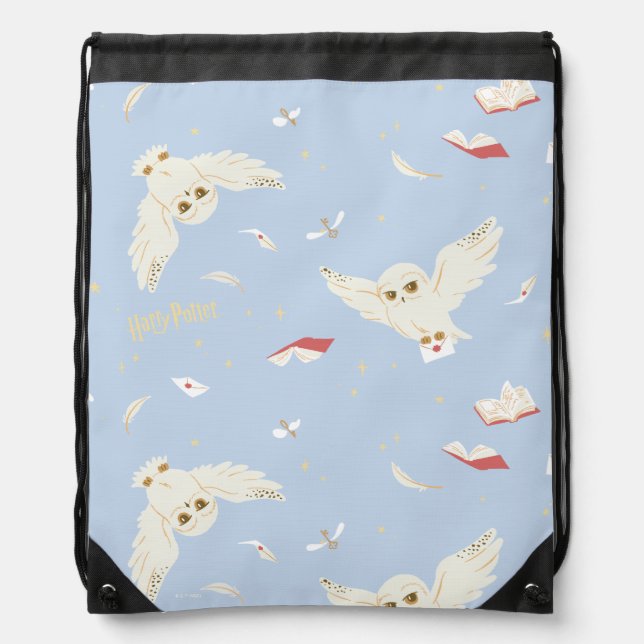 Hedwig Owl Post Letters and Books Pattern Drawstring Bag (Front)