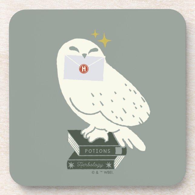 Hedwig With Letter Whimsical Drawing Beverage Coaster (Front)