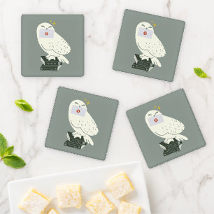 Hedwig With Letter Whimsical Drawing Coaster Set
