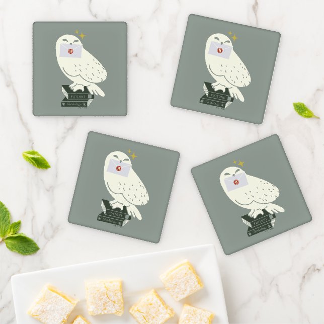 Hedwig With Letter Whimsical Drawing Coaster Set (In Situ)