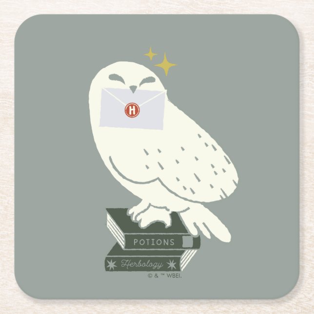 Hedwig With Letter Whimsical Drawing Square Paper Coaster (Front)