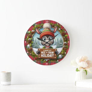 Hee-Haw Holiday!" - Cheerful Donkey Christmas Large Clock