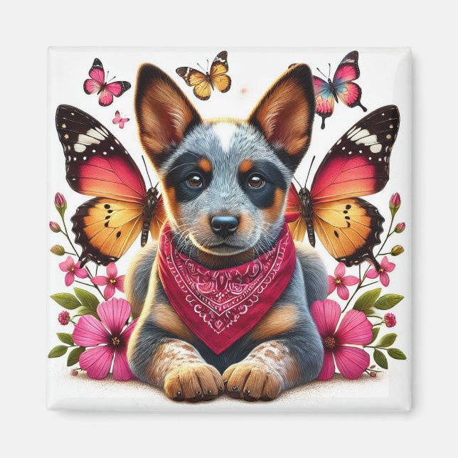 Heeler Puppy Surrounded by Butterflies and Flowers Magnet (Front)