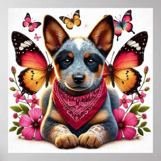 Heeler Puppy Surrounded by Butterflies and Flowers Poster (Front)