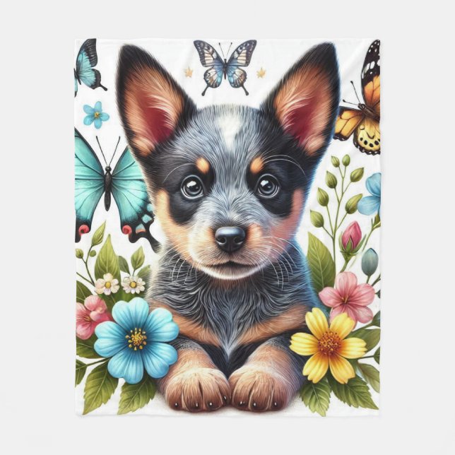 Heeler Puppy with Butterflies and Flowers  Fleece Blanket (Front)
