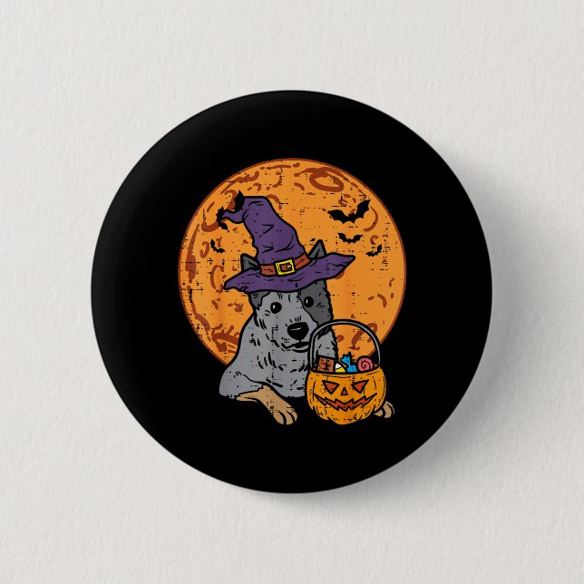 Heeler Witch Hat Moon Jack O Lantern Halloween Button (Front)