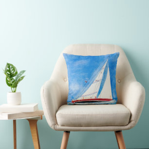 Heeling Sailboat Watercolor Painting Throw Pillow