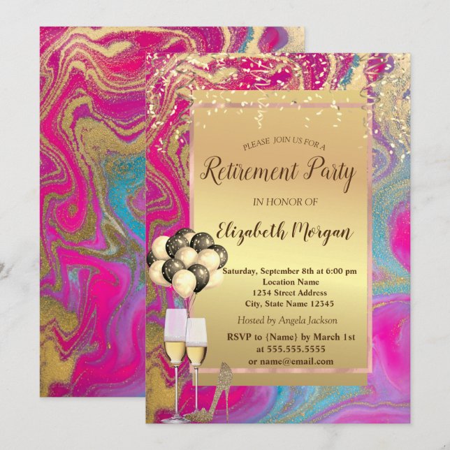 Heels,Ballons,Colorful Marble Retirement Party Invitation (Front/Back)