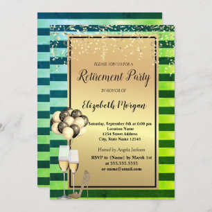 Heels,Glass,Balloons,Green Stripes Retirement Invitation