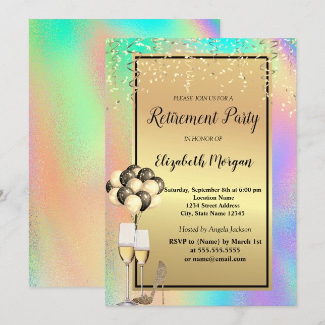 Heels,Glass,Balloons,Holographic Retirement  Invitation (Front/Back)
