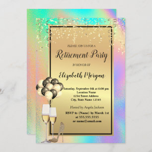 Heels,Glass,Balloons,Holographic Retirement Invitation
