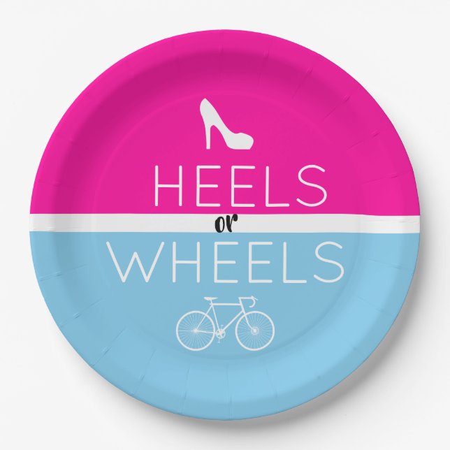 Heels or Wheels {Bicycle} Pink|Blue Gender Reveal Paper Plates (Front)