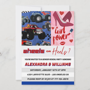 Heels or wheels gender reveal invitation pink blue
