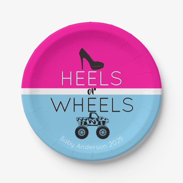 Heels or Wheels Monster Truck Gender Reveal Paper Plates (Front)