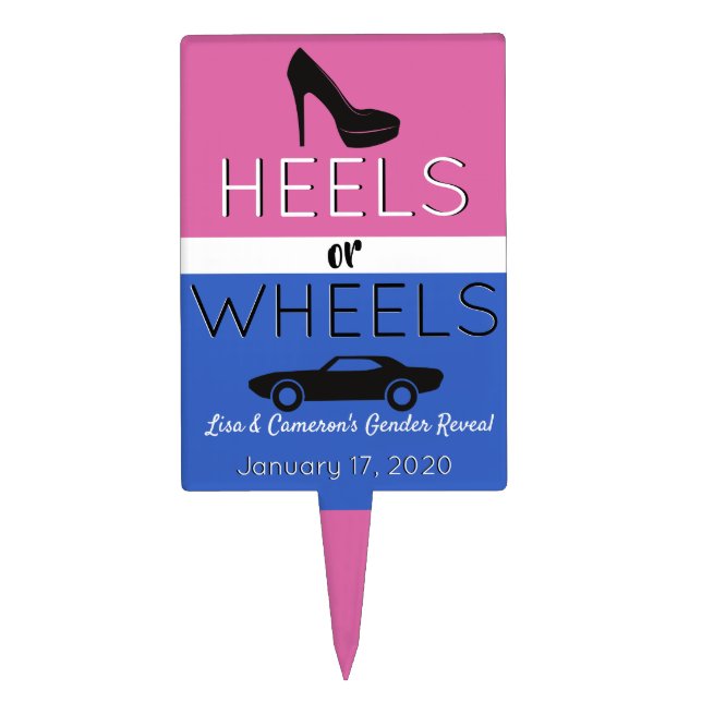Heels or Wheels | Pink & Blue {Car} Gender Reveal Cake Topper (Front)