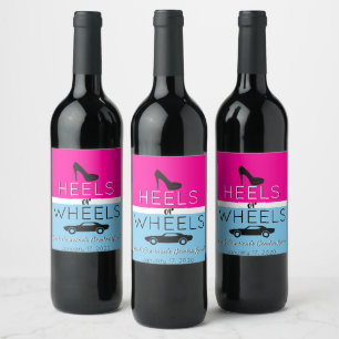 Heels or Wheels Pink Blue Heel Car Gender Reveal Wine Label