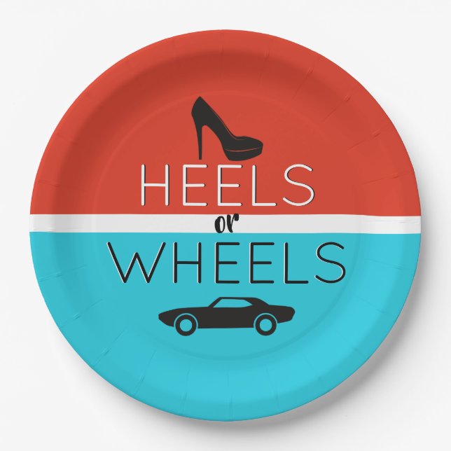 Heels or Wheels Red & Blue Gender Reveal  Paper Plates (Front)