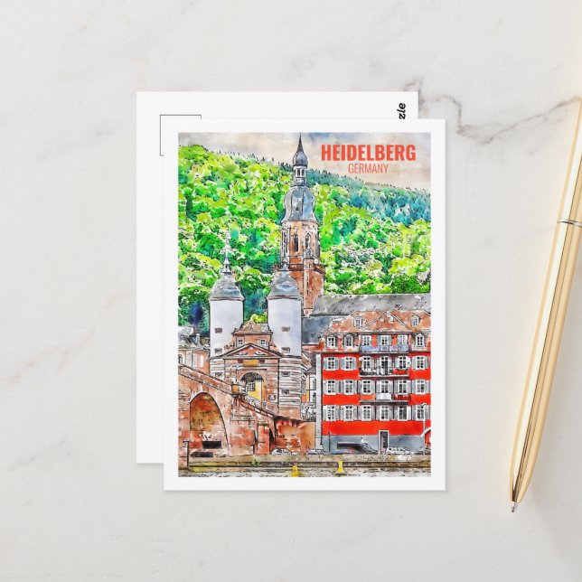 Heidelberg Germany Famous Travel Watercolor Sketch Postcard