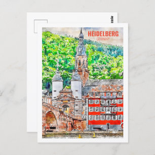 Heidelberg Germany Famous Travel Watercolor Sketch Postcard