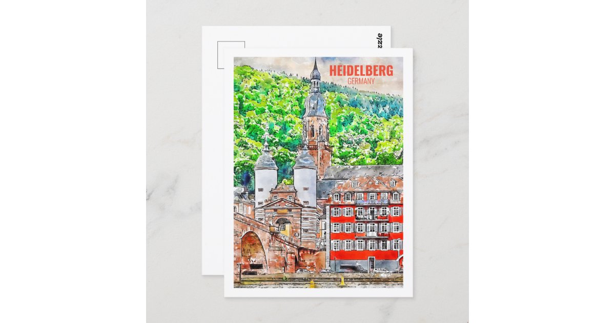 Heidelberg Germany Famous Travel Watercolor Sketch Postcard