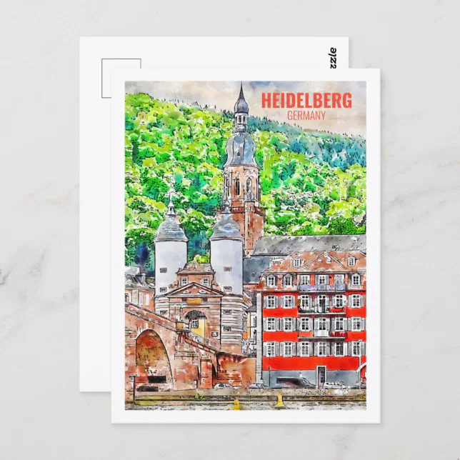 Heidelberg Germany Famous Travel Watercolor Sketch Postcard