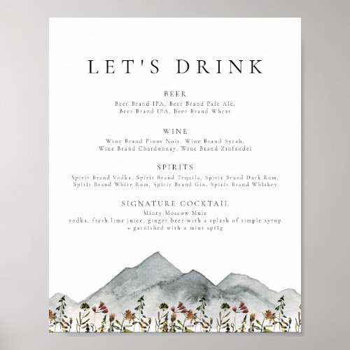 HEIDI Boho Mountain Flower Lets Drink Bar Menu Poster