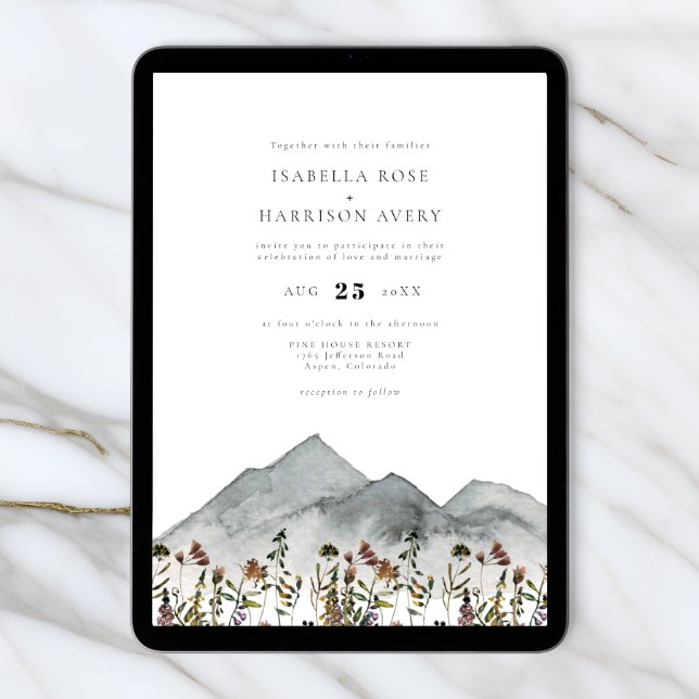 Discover HEIDI Boho Watercolor Mountain Wildflower Wedding Invitation