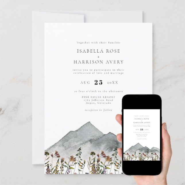 Discover HEIDI Boho Watercolor Mountain Wildflower Wedding Invitation