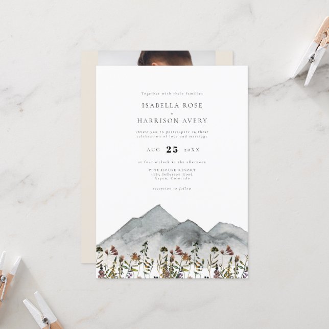 Discover HEIDI Boho Watercolor Mountain Wildflower Wedding Invitation