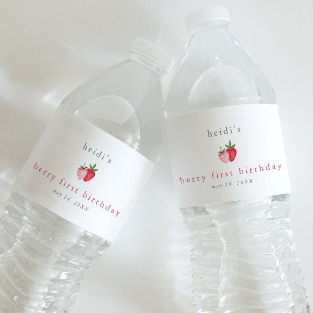 HEIDI Cute Strawberry Girl Berry First Birthday Water Bottle Label (HEIDI Cute Strawberry Girl Berry First Birthday Water Bottle Label)