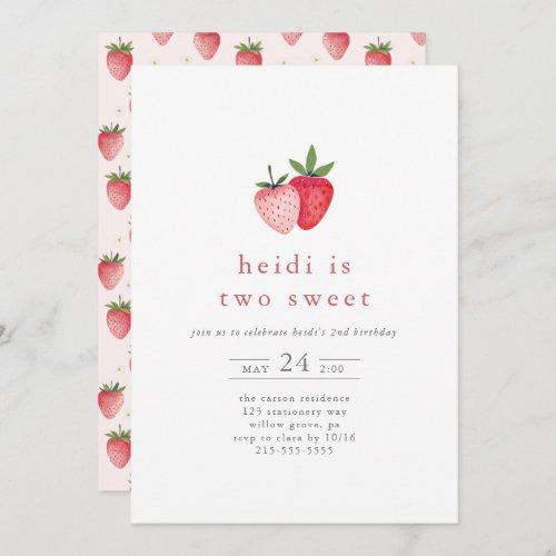 HEIDI Cute Strawberry Kids Two Sweet 2nd Birthday Invitation