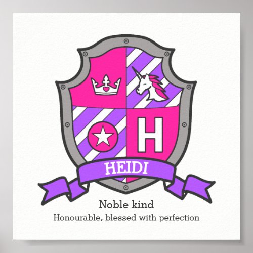 Heidi name meaning unicorn letter H crest poster