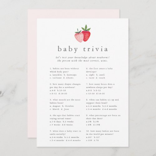HEIDI Pink Strawberry Baby Shower Trivia Game Card