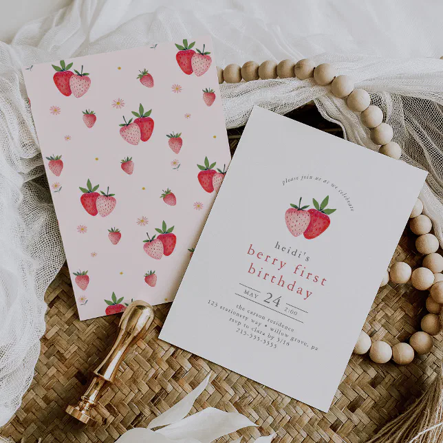 HEIDI Pink Summer Strawberry Berry First Birthday Invitation | Zazzle