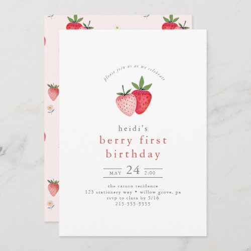 HEIDI Pink Summer Strawberry Berry First Birthday Invitation