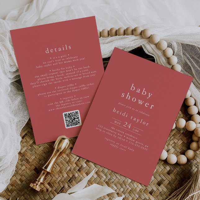 HEIDI Rustic Red Summer Boho QR Simple Baby Shower Invitation (HEIDI Rustic Red Summer Boho QR Simple Baby Shower Invitation)