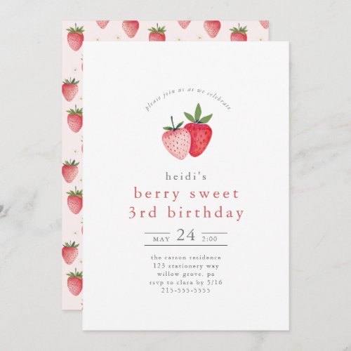 HEIDI Summer Strawberry Berry Sweet 3rd Birthday Invitation