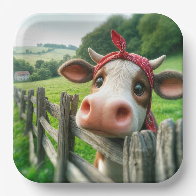 Heifer Cow Wearing a Red Kerchief Paper Plates (Front)