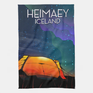 Heimaey, iceland, camping vacation poster. kitchen towel