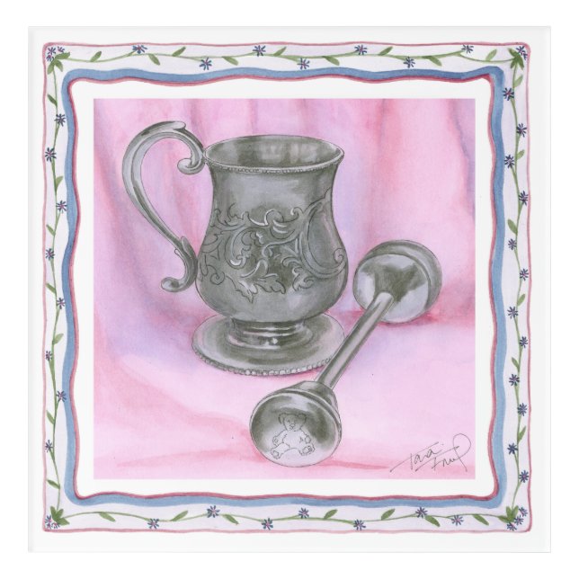 Heirloom Cup & Rattle on Purple Background Acrylic Print (Front)