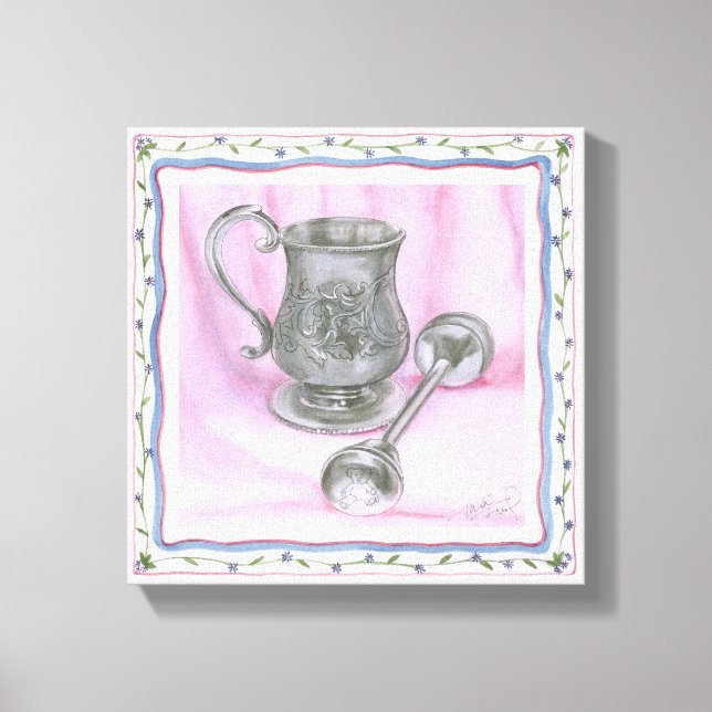 Heirloom Cup & Rattle on Purple Background Canvas Print (Front)